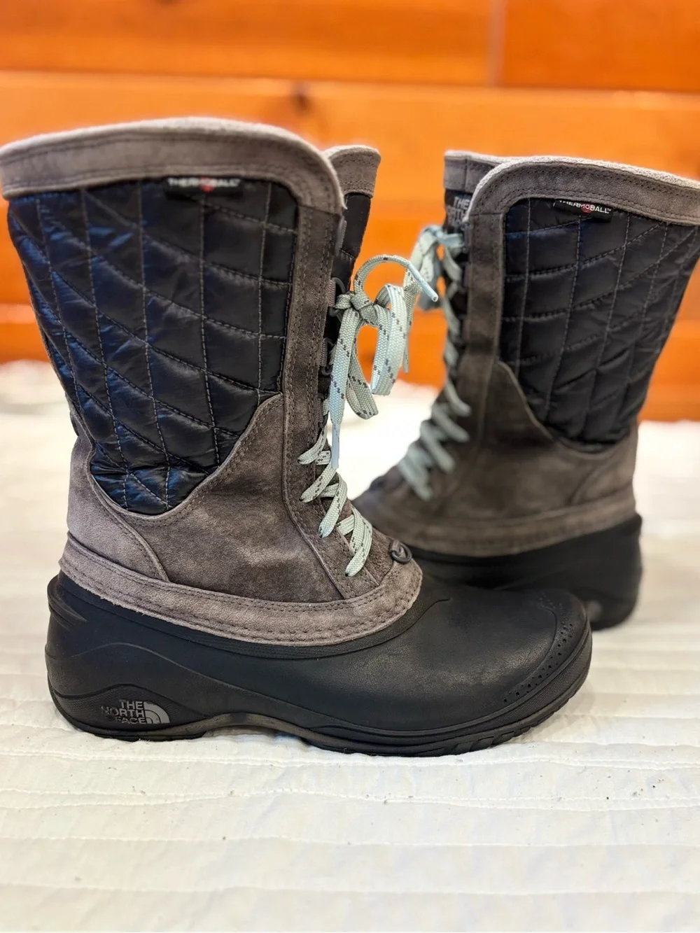 The North Face Thermoball Utility Tall Quilted Snow Boots Gray Blue Women's 8.5
